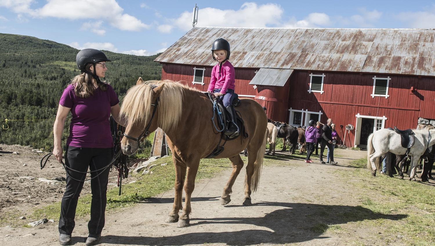 Jente på hest, med ledsager