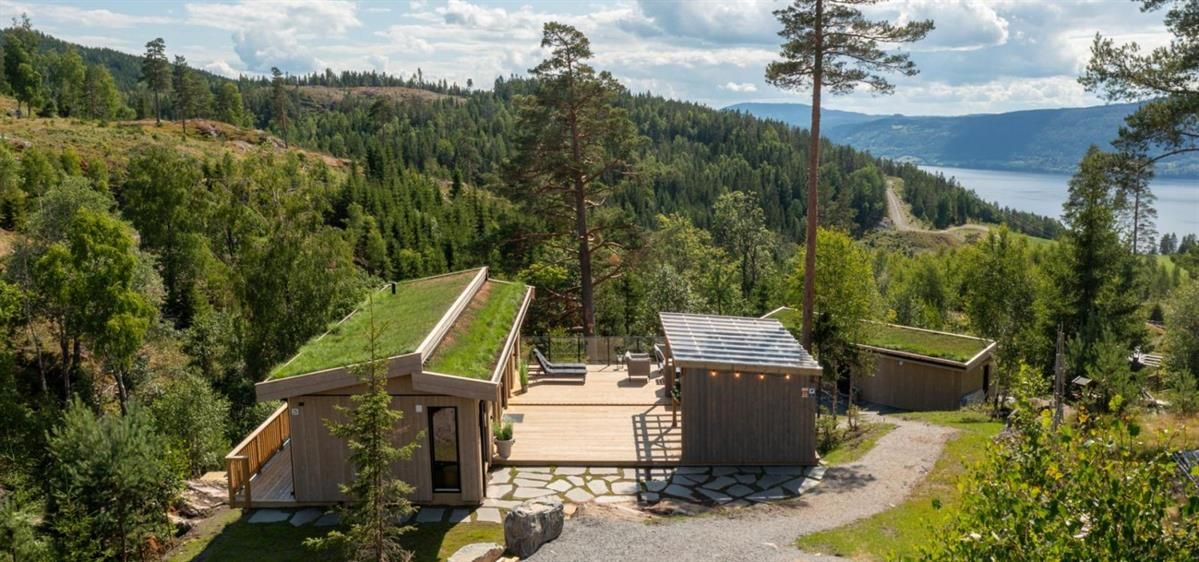 Wooden cabin buildings surrounded by forest, overlooking mountains and a lake.