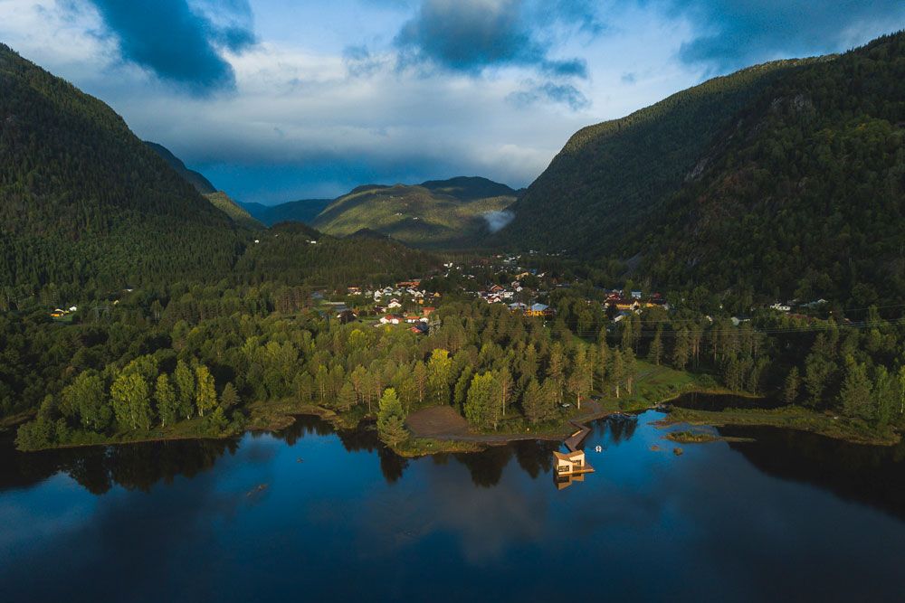 drone image of Dalen with Soria Moria sauna