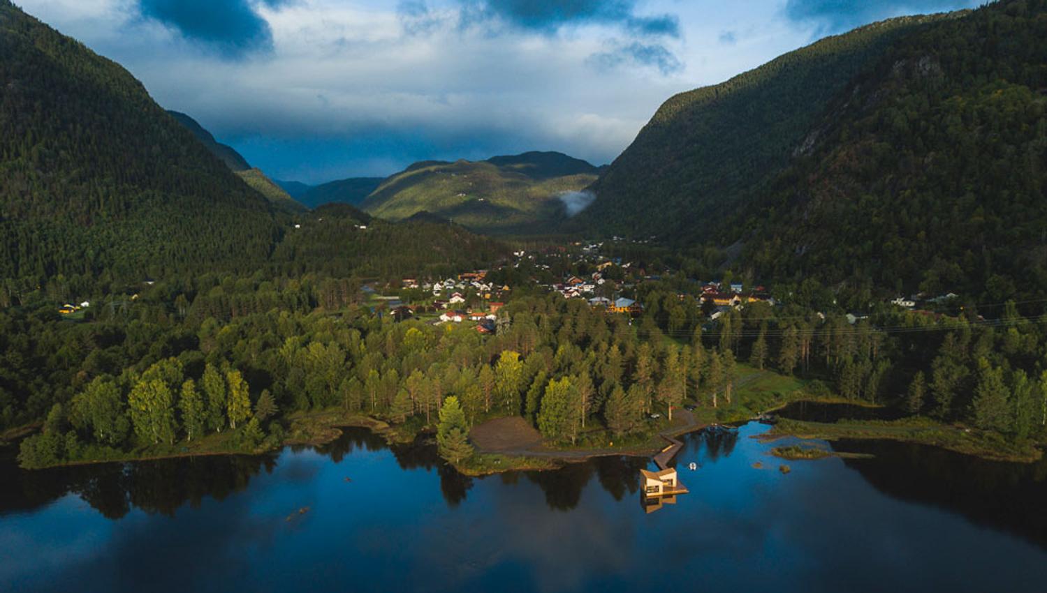 drone image of Dalen with Soria Moria sauna