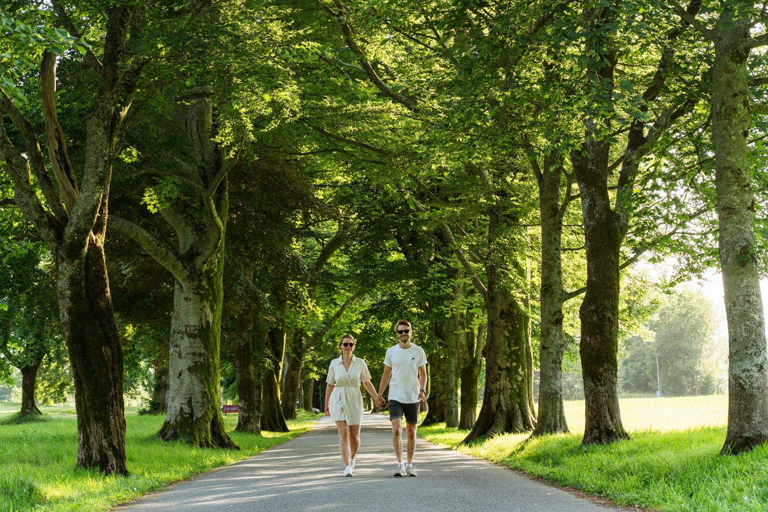 A couple walking hand in hand through an avenue of green trees at Baroniet in Rosendal on a sunny day.