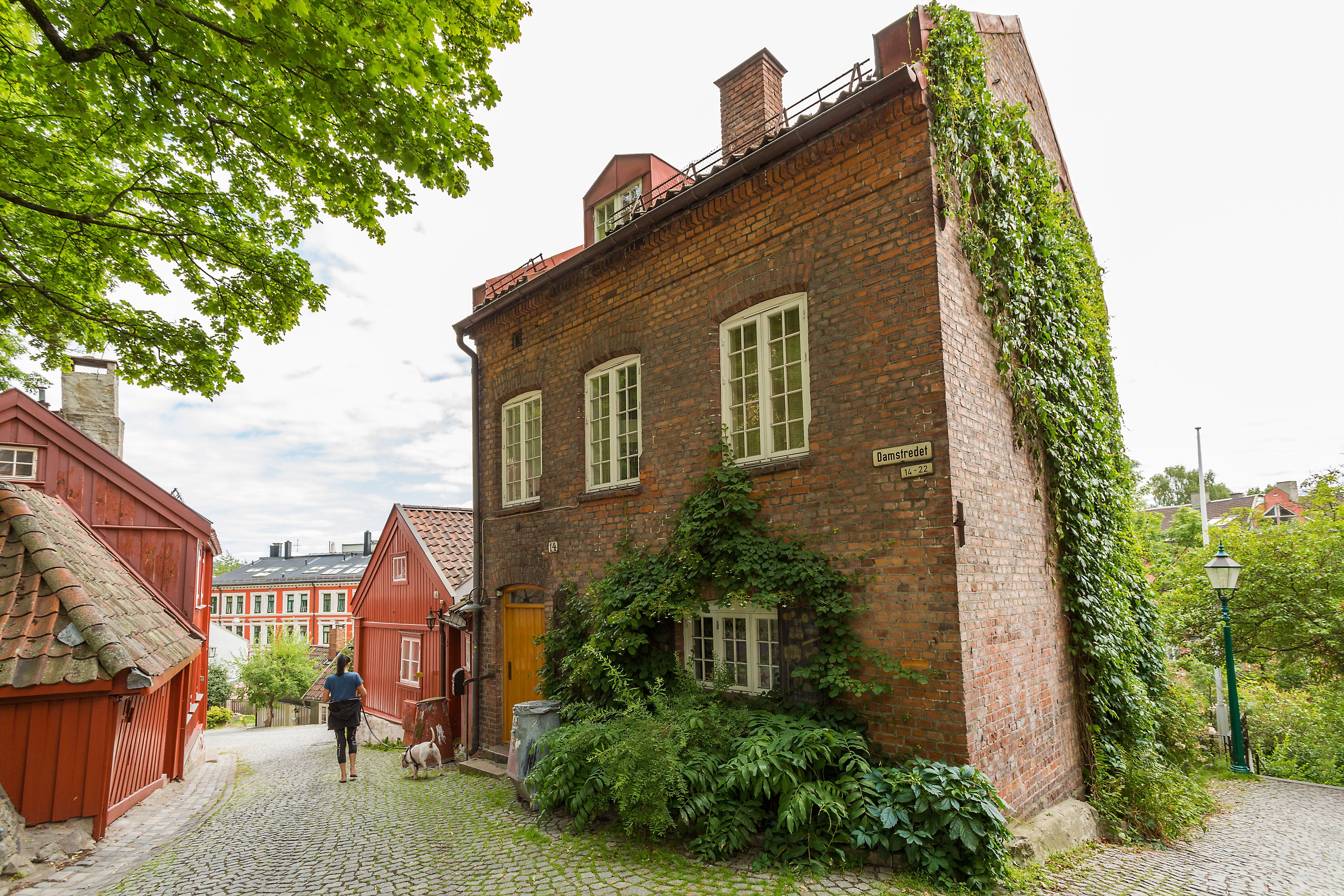 Brick house at the top of Telthusbakken with a vine covering one of the walls.