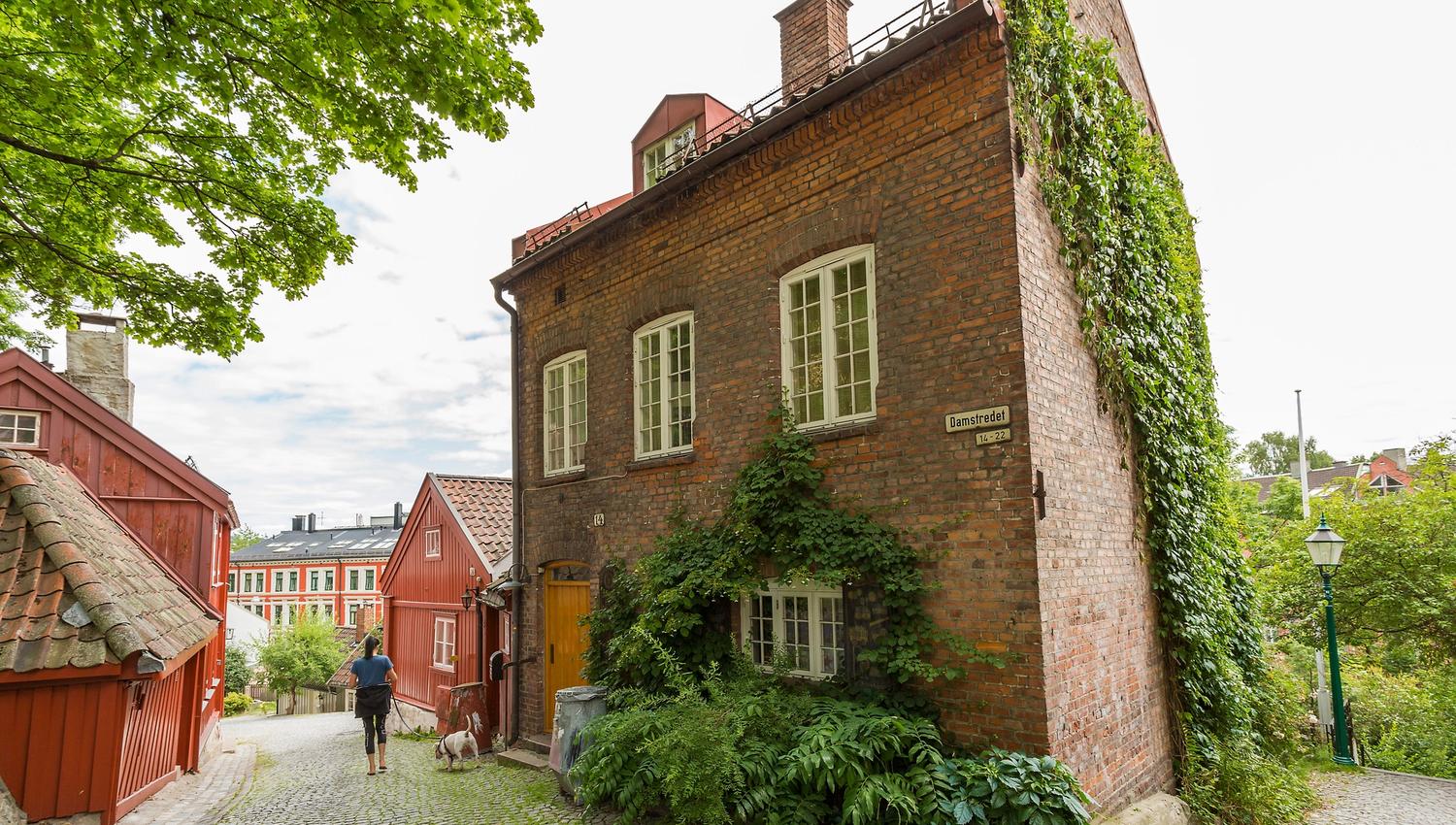 Brick house at the top of Telthusbakken with a vine covering one of the walls.