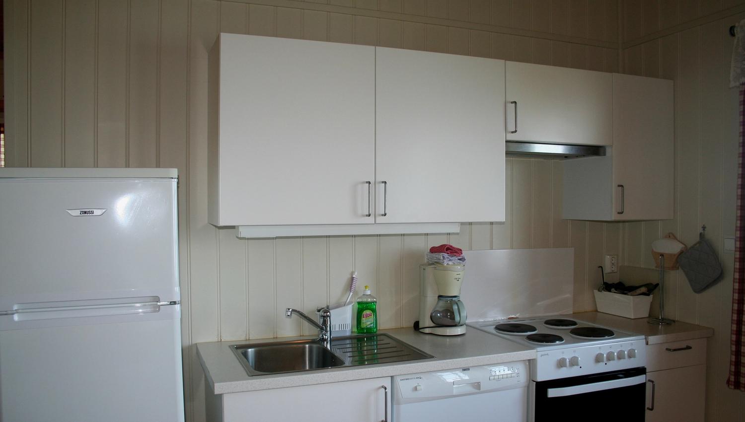 Modern kitchen area in a cabin at Oddland Camping with stove, fridge, and coffee maker.