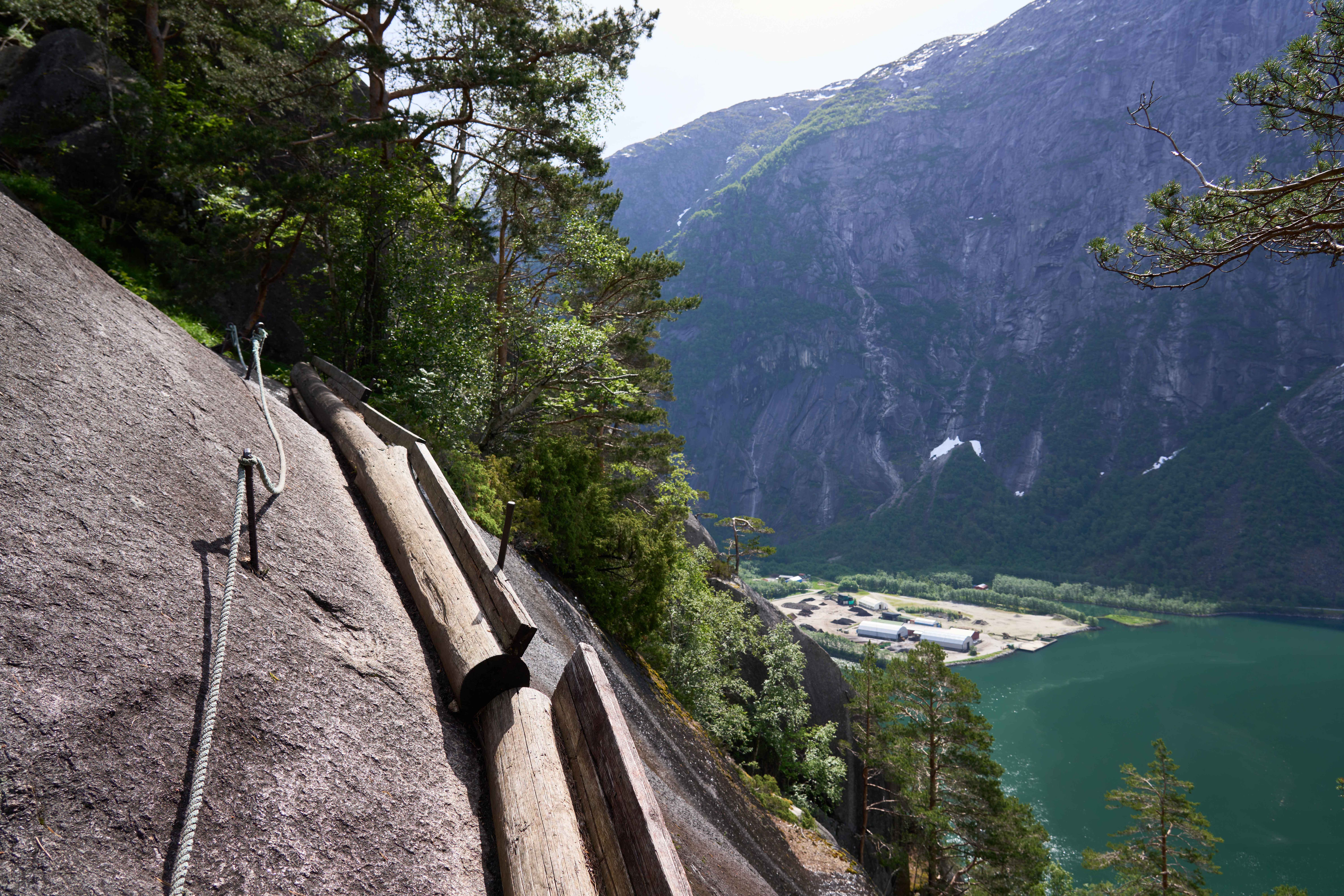 The bolted timber logs in the mountain on the path to Kjeåsen.