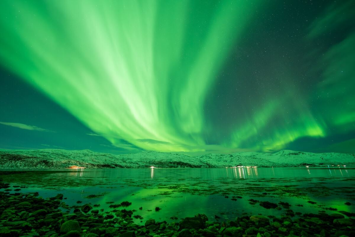 Aurora fly over the fjord