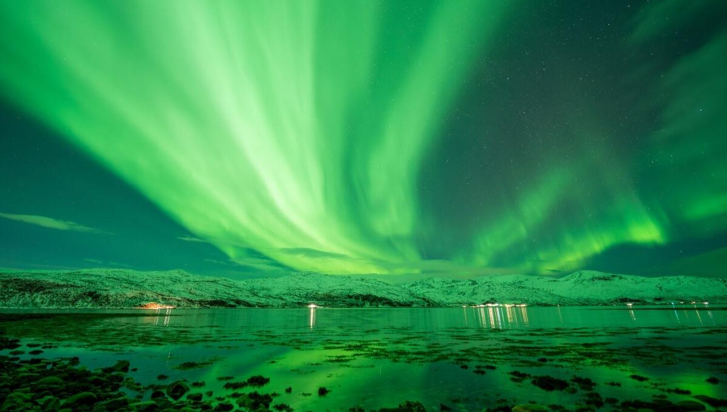 Aurora fly over the fjord