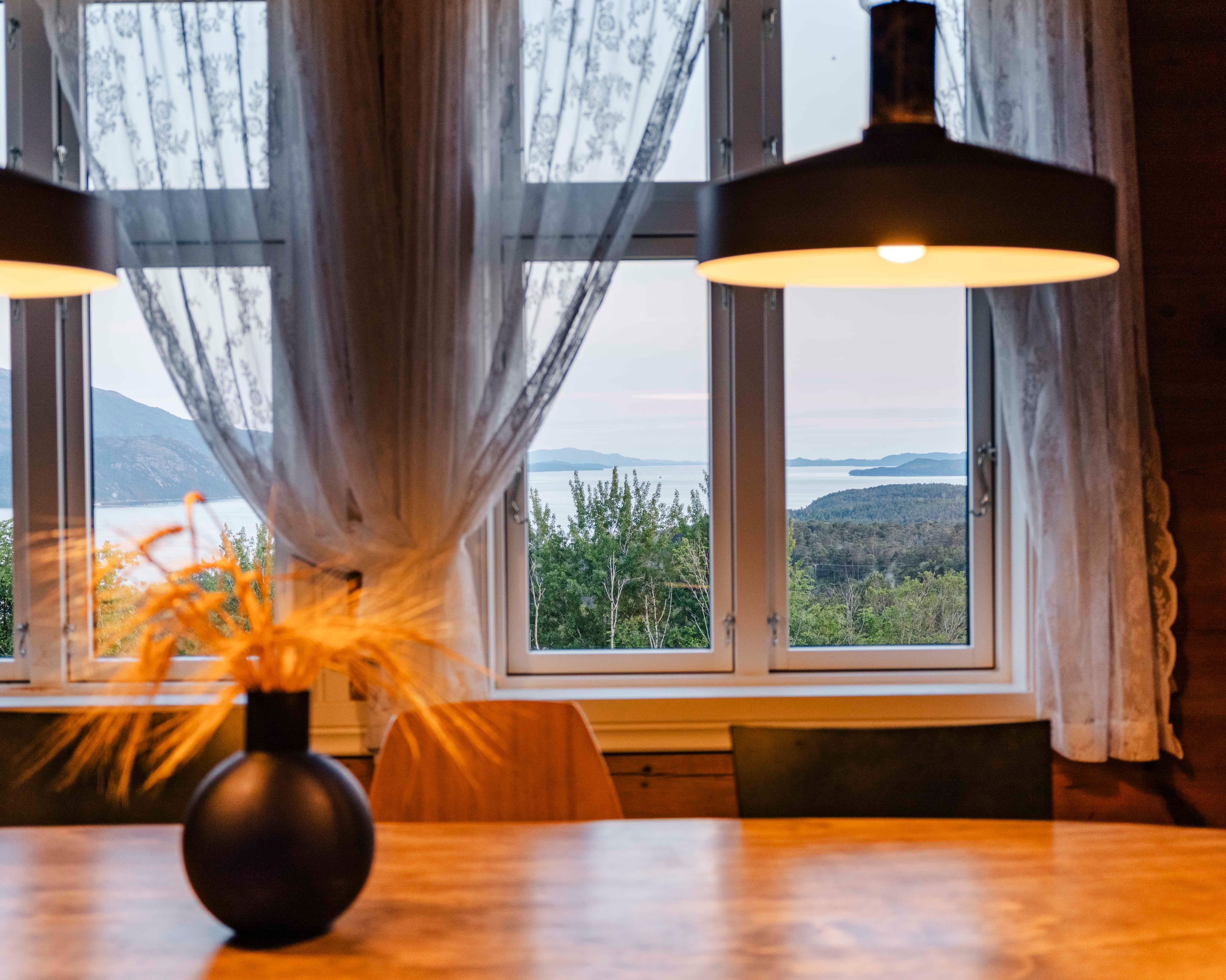 Fjord view from the dining table at Stigen Fjordlodge in Hardanger.