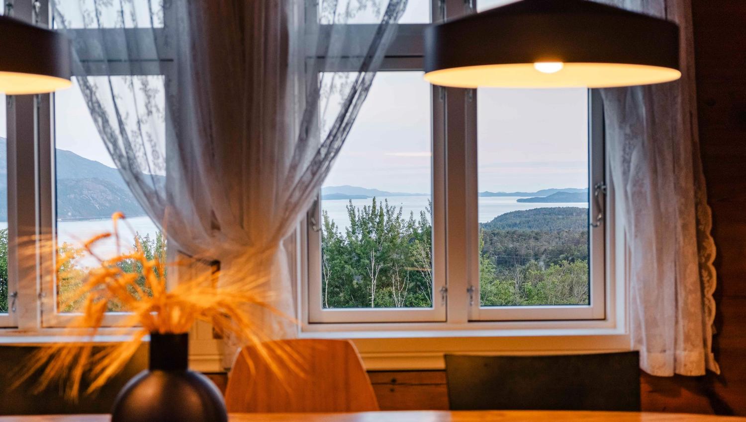 Fjord view from the dining table at Stigen Fjordlodge in Hardanger.