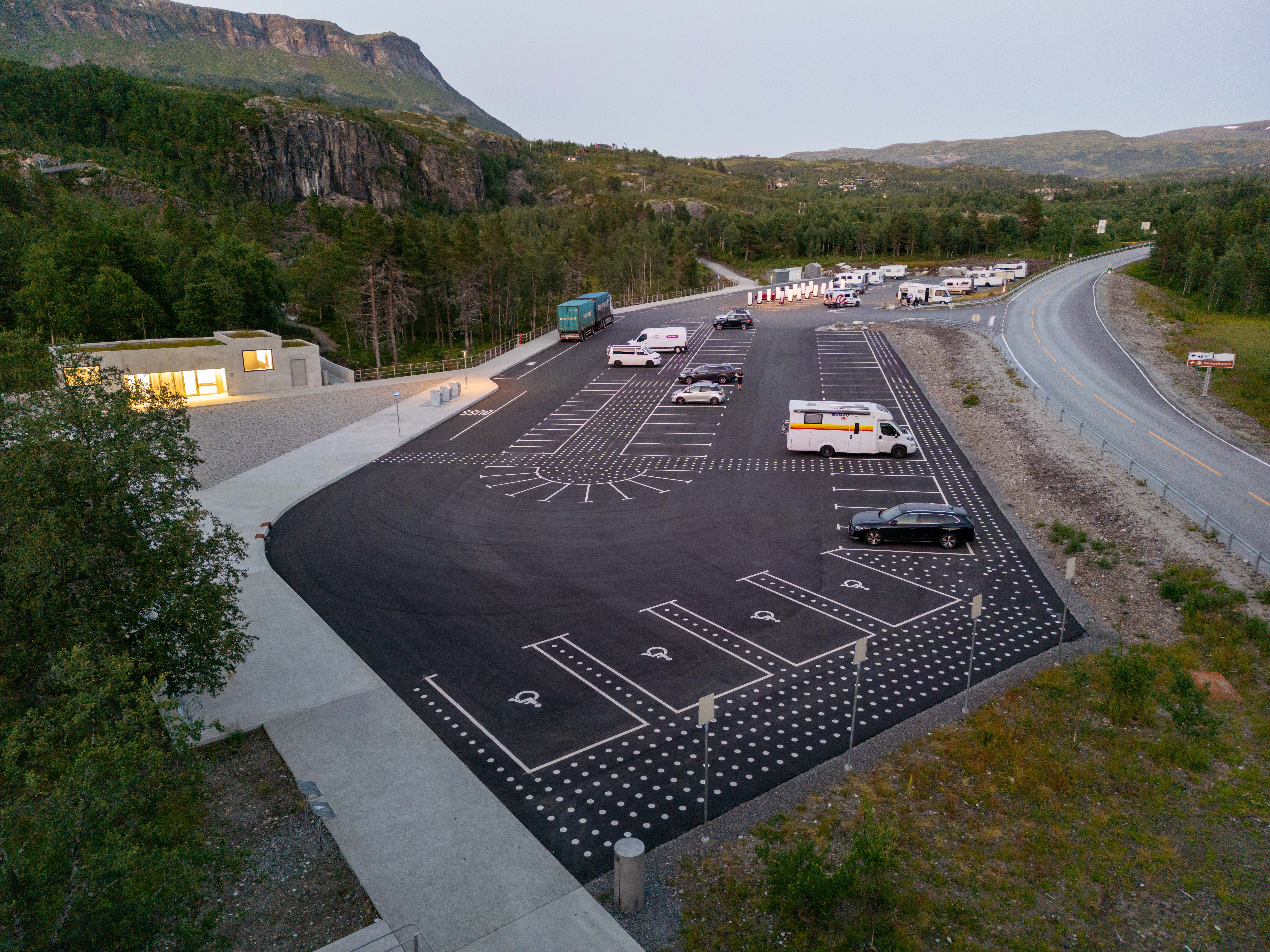 The new parking lot at Fossatromma seen during sunset.