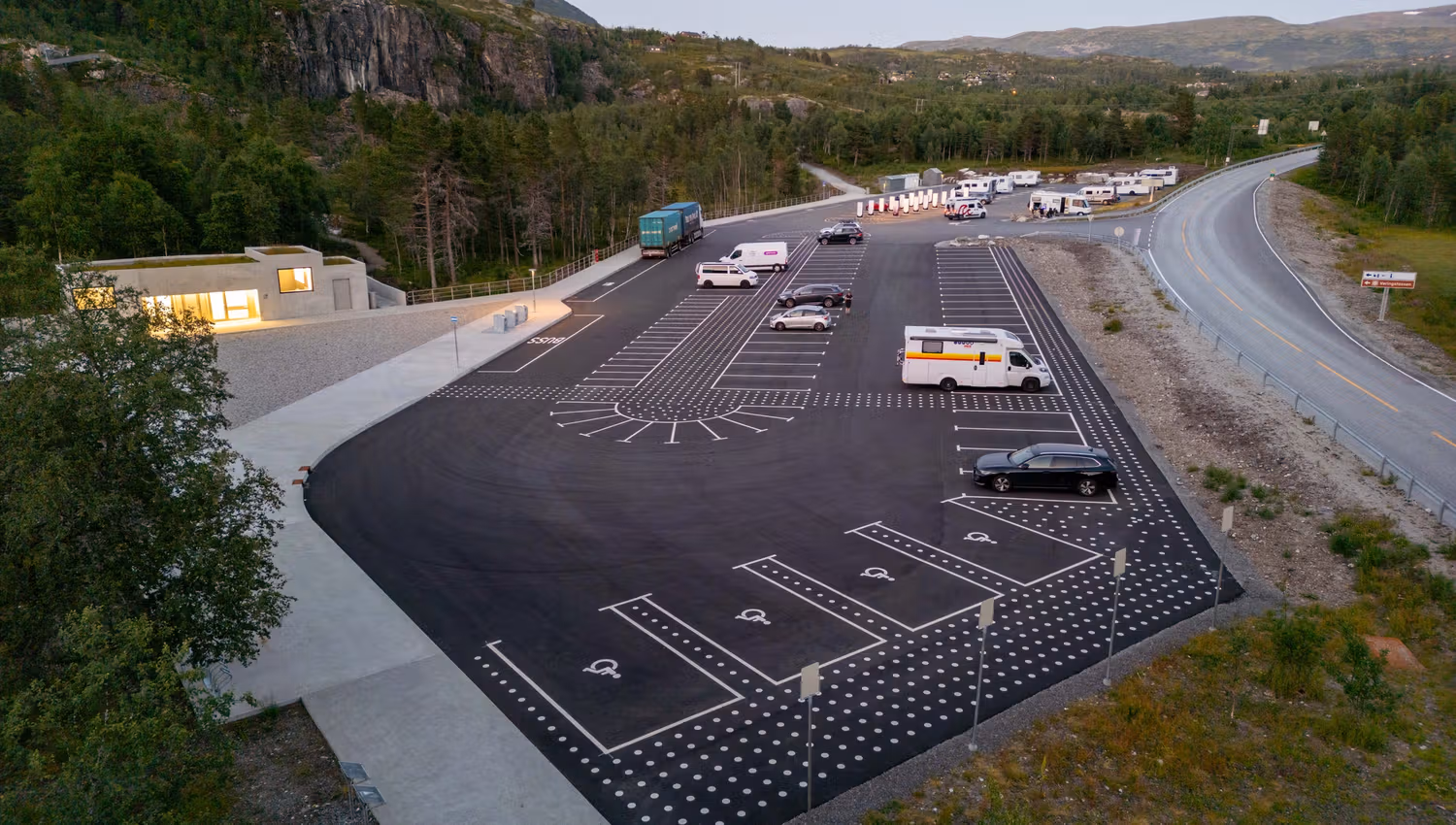 The new parking lot at Fossatromma seen during sunset.