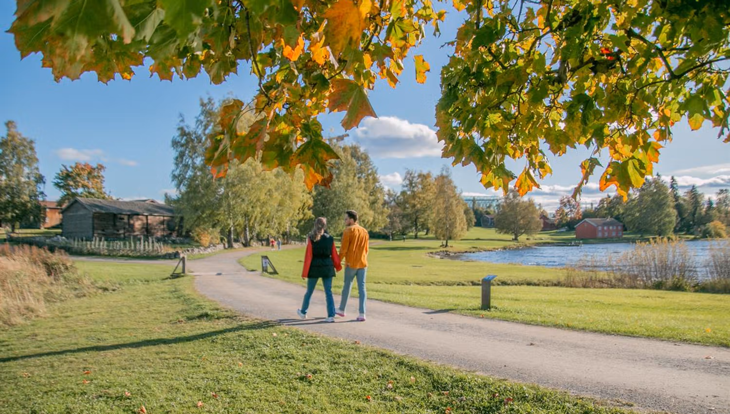 To personer går på en parkvei omgitt av grønt gress og trær med høstfarger.