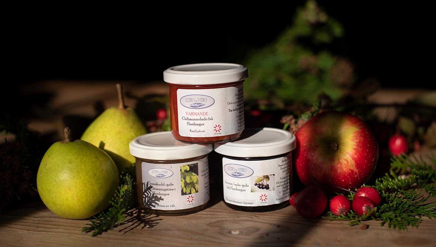 Homemade jams from Hardanger with fresh fruits from Helleland Gard.