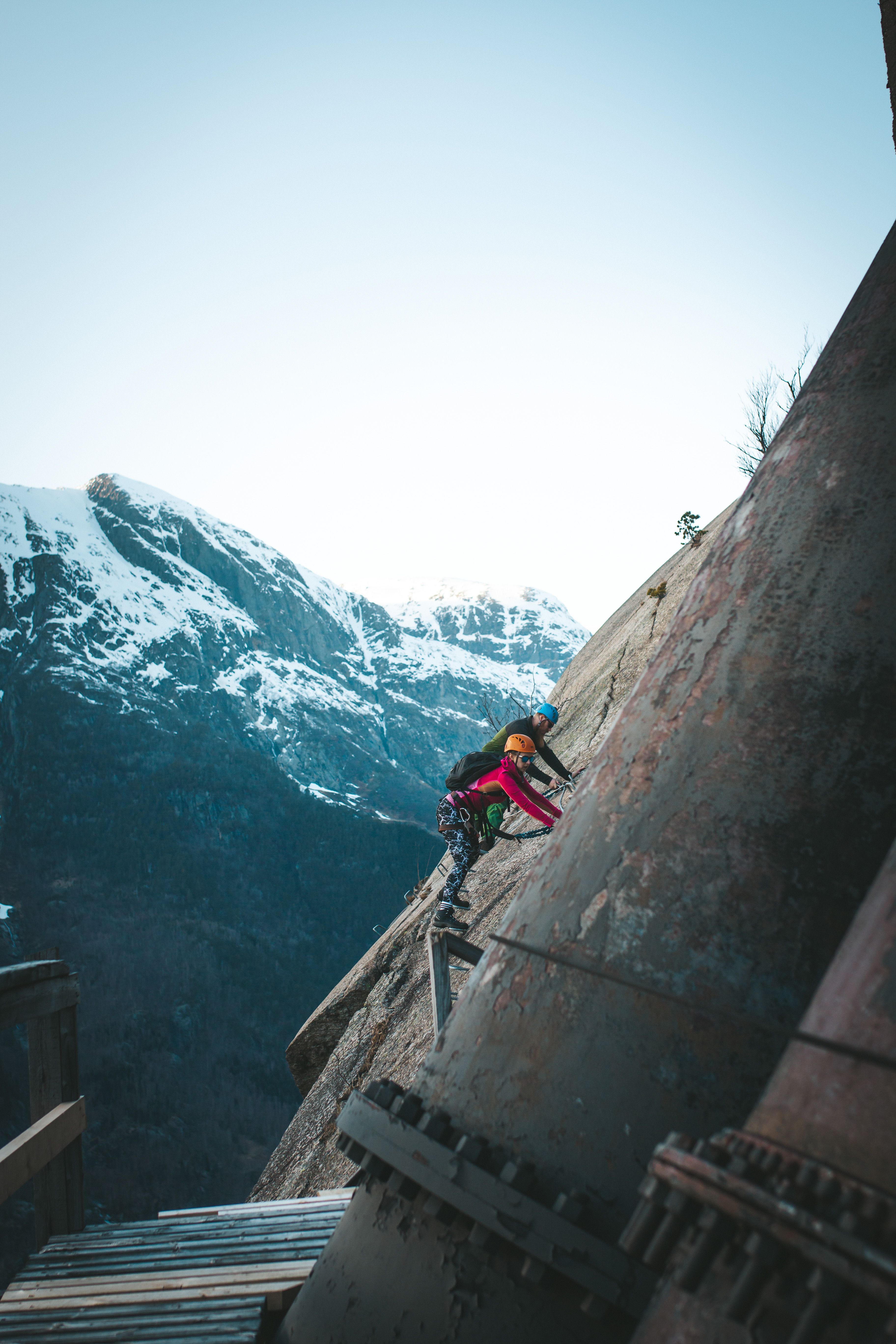 Steep section of Via Ferrata Tyssedal alongside the historic pipeline.