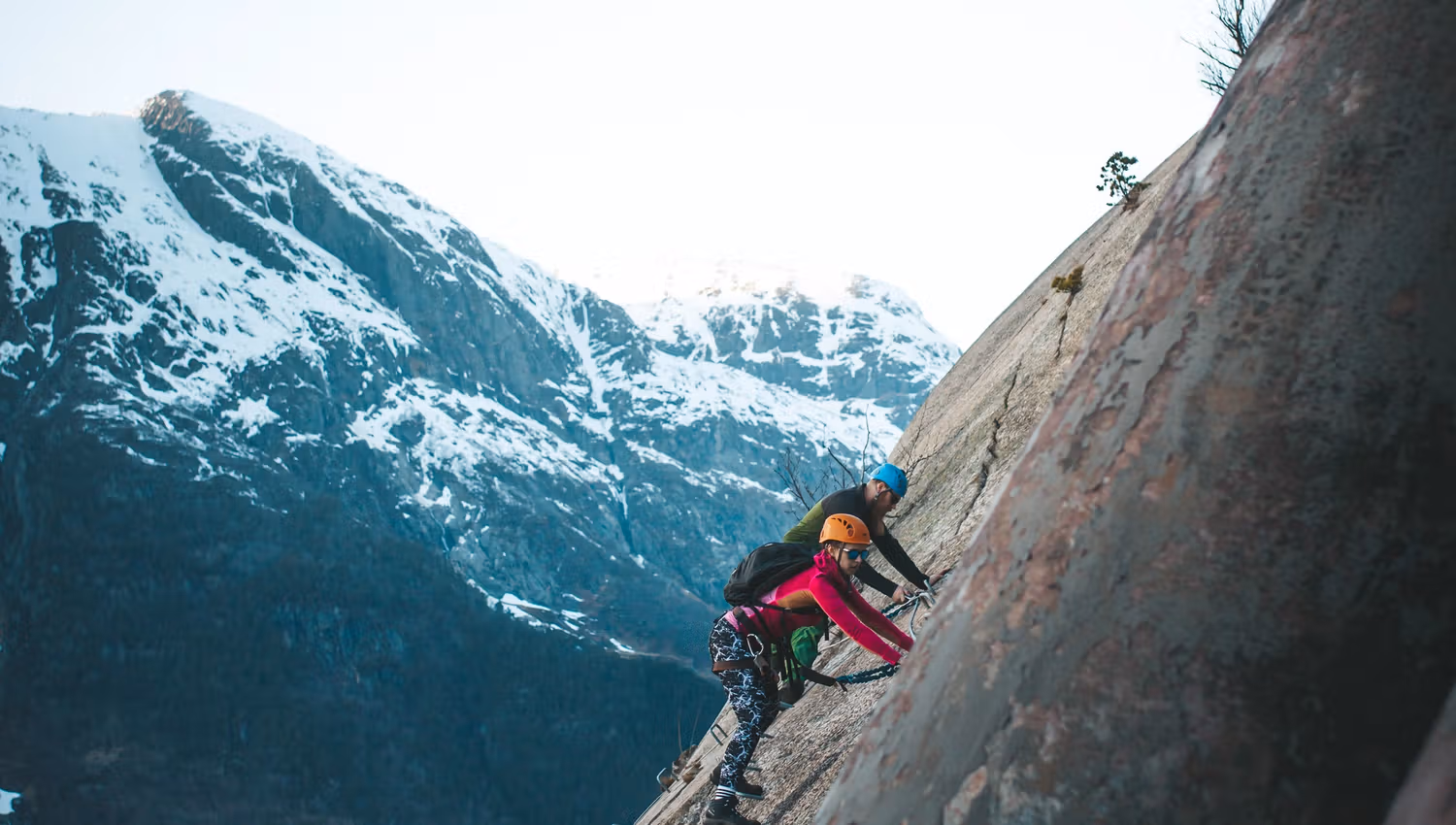 Steep section of Via Ferrata Tyssedal alongside the historic pipeline.