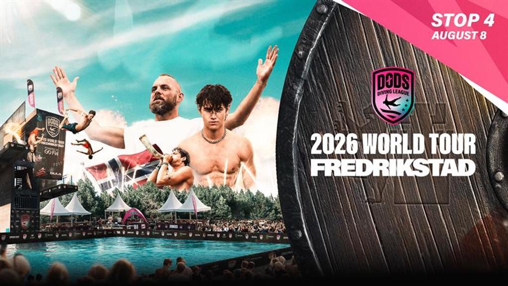 Promotional image for Døds World Tour 2026 in Fredrikstad featuring death divers and Kongstenbadet.