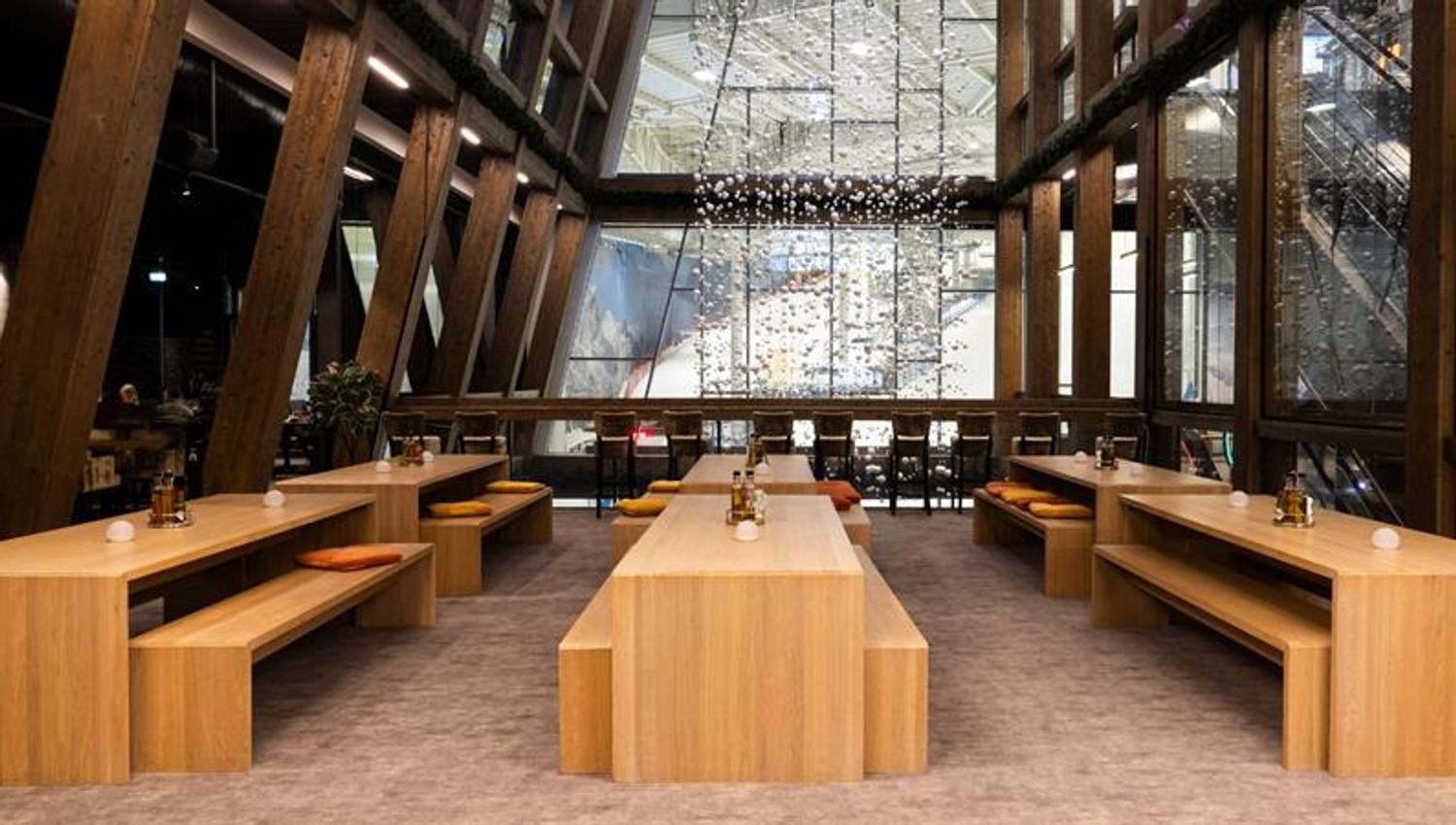 Wooden benches and wooden tables