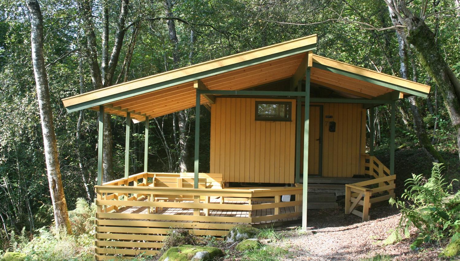 Yellow cabin in the forest at Hardanger Feriesenter, peaceful surroundings.