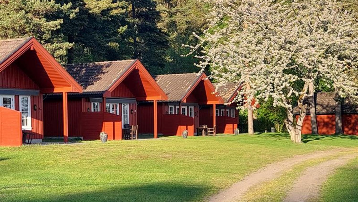 5 red huts in set in the green scenary