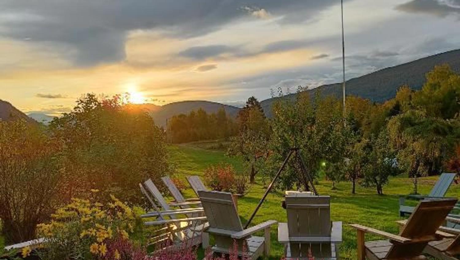 Orheimstunet in Nordfjord - Wooden planter with purple flowers in foreground, Adirondack chairs on lawn, and a cloudy sunset over hills..