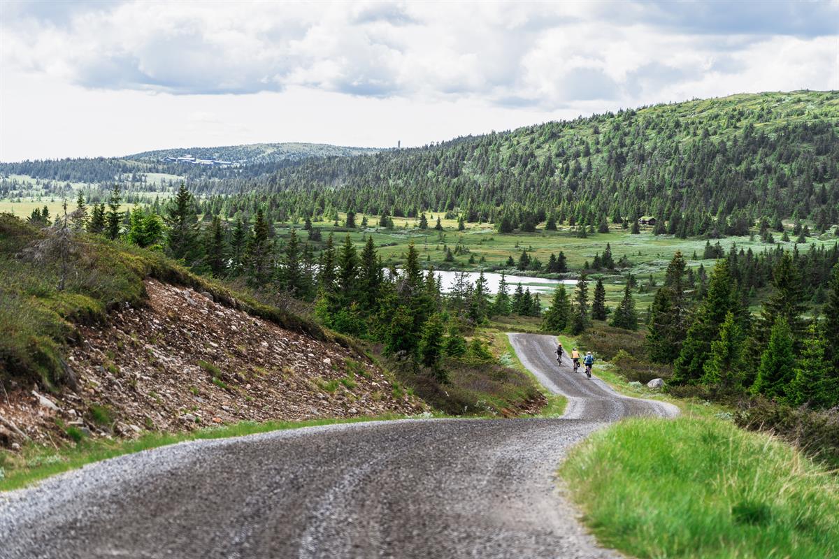 Drei Radfahrer fahren auf einer kurvigen Schotterstraße durch eine Berglandschaft von der Kamera weg, unten ein kleiner See.