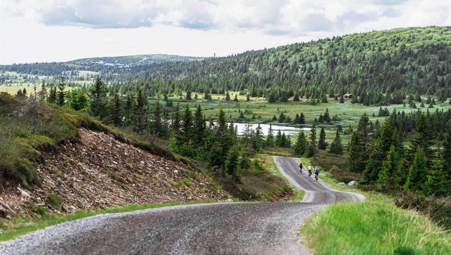 Drei Radfahrer fahren auf einer kurvigen Schotterstraße durch eine Berglandschaft von der Kamera weg, unten ein kleiner See.