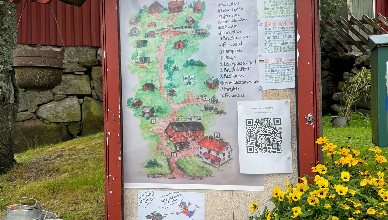 Information board at Høgetveits Nature Camp. A nice drawing of the site, with a numbered list showing where things are located:
1. Fireplace lounge
2