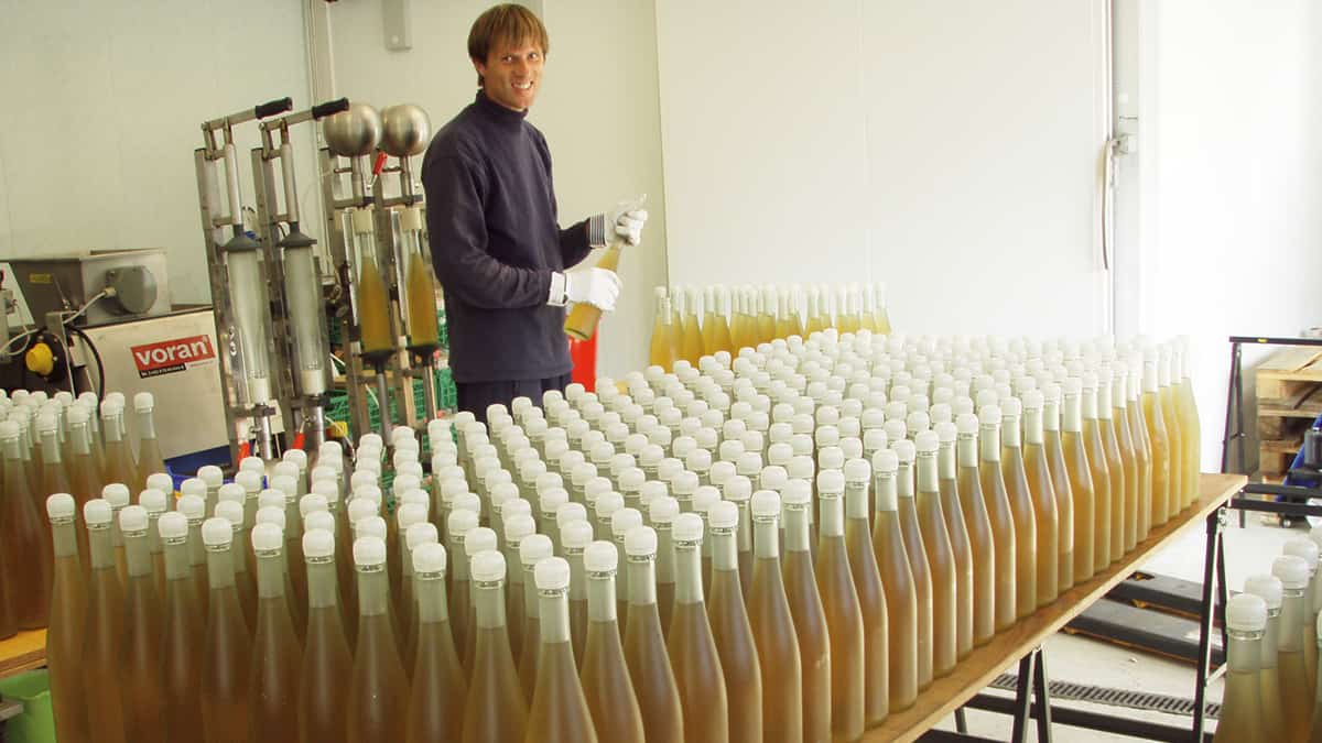 Mitarbeiter in einer Mosterei in Ulvik präsentiert fertig abgefüllten Apfelwein.