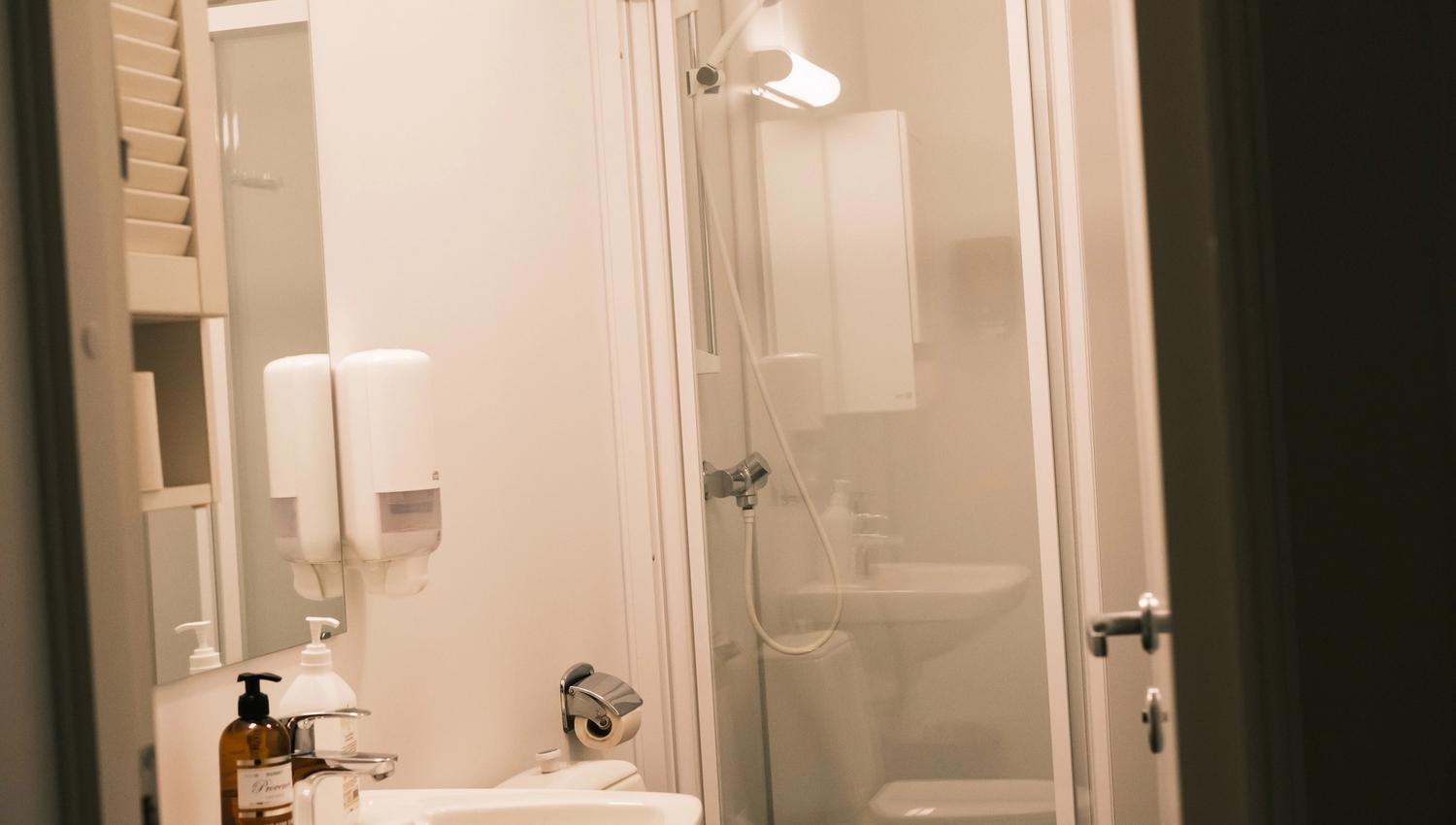 A common bathroom with a sink, toilet and shower