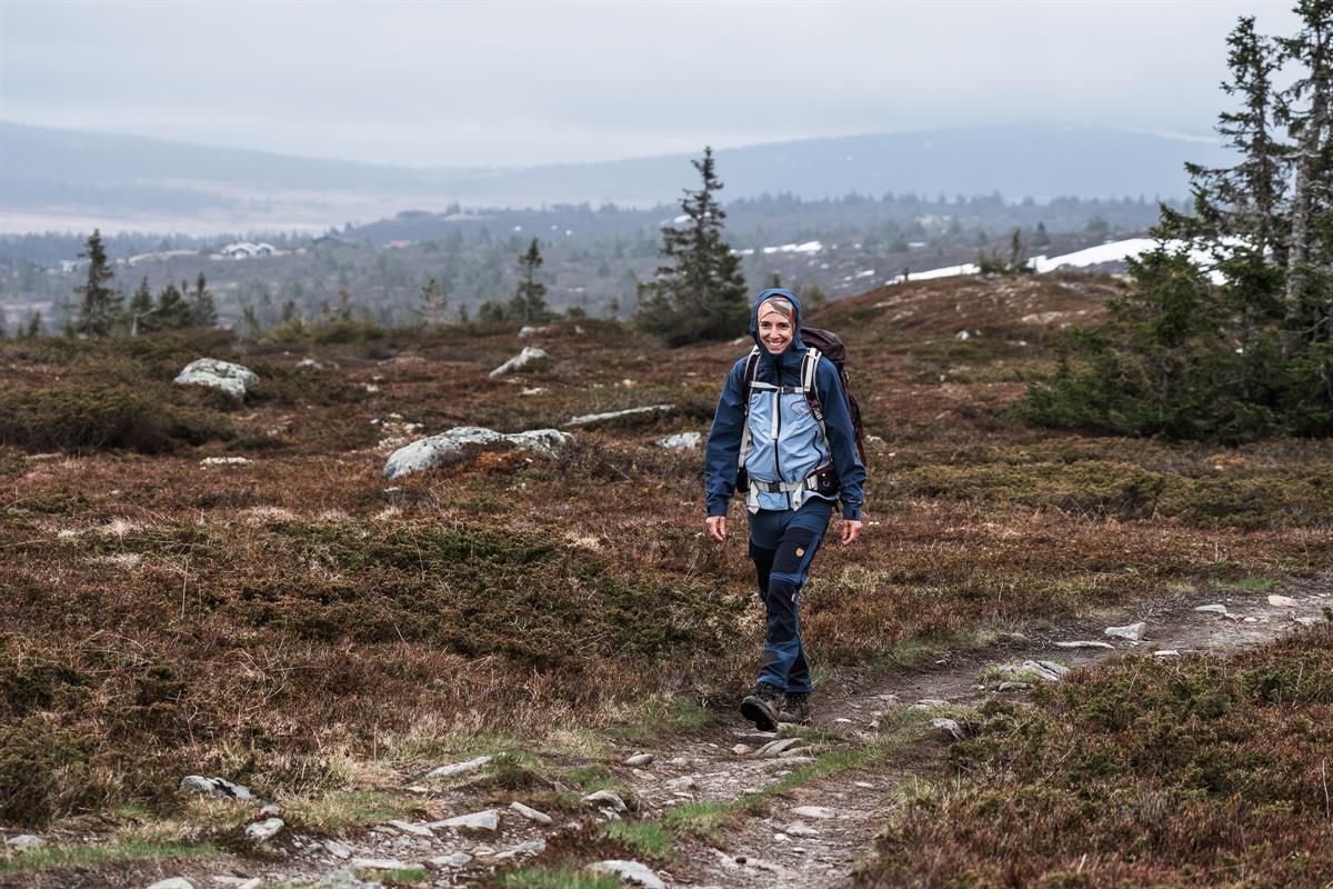 Person on a trail in open landscape with trees and mountains