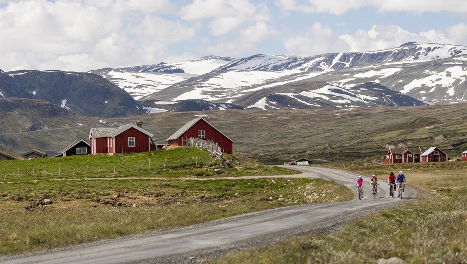 Four cyclists on a mountain gravel road. They are passing by red farm houses and in the background there are snow-capped high mountains.