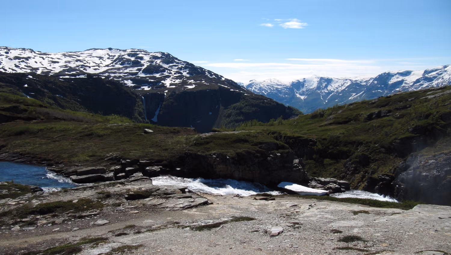 River and waterfall at the top of the Monk’s Steps with panoramic views of mountains and glaciers in Hardanger.