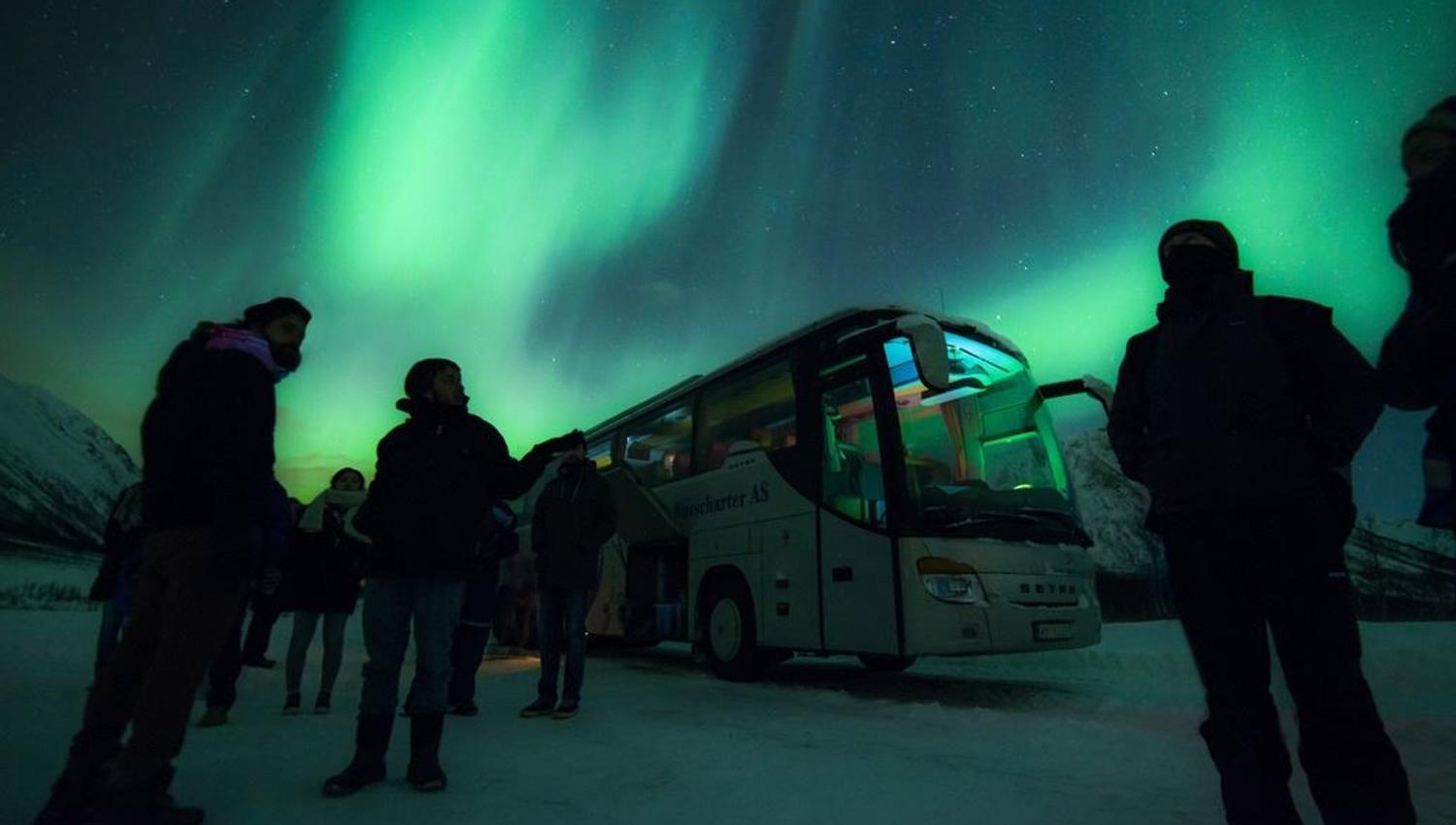A group of guests around a bus under the northern lights