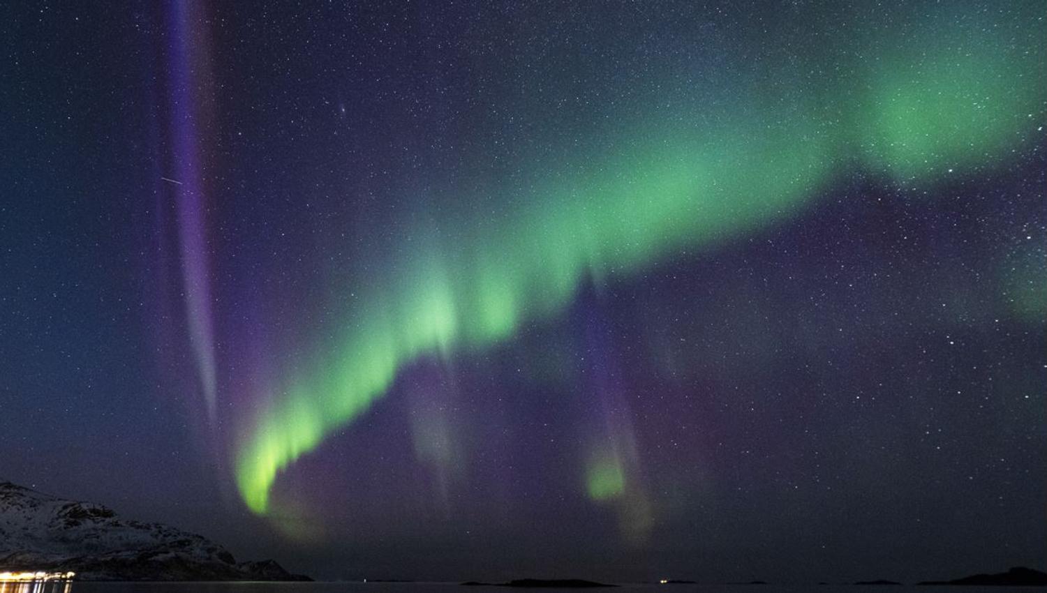 Purple and green northern lights in the sky