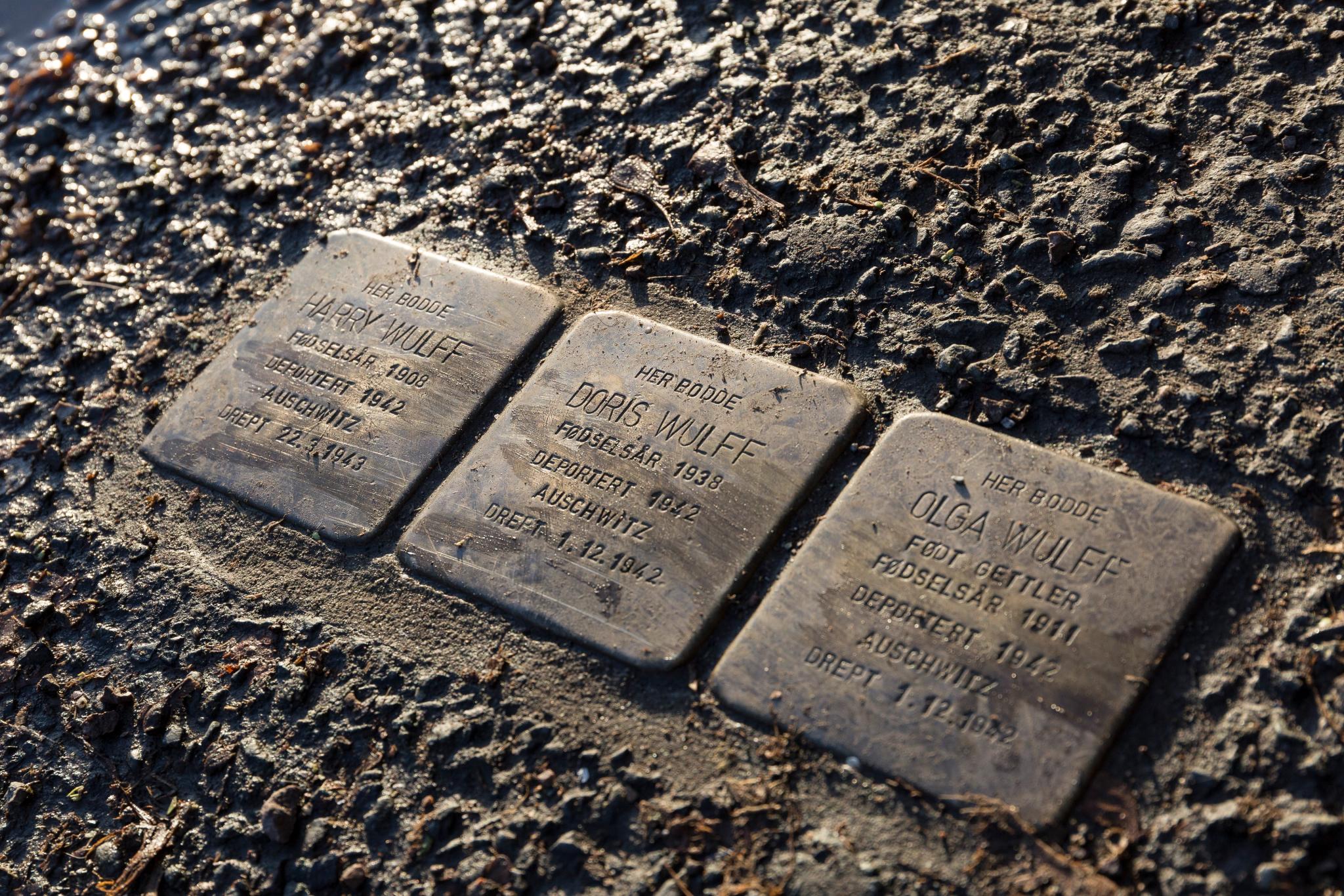 Three cubes of the Stolperstein (stumbling stone) project in the street: Doris, Harry and Olga Wulff who were deported to Auschwitz
