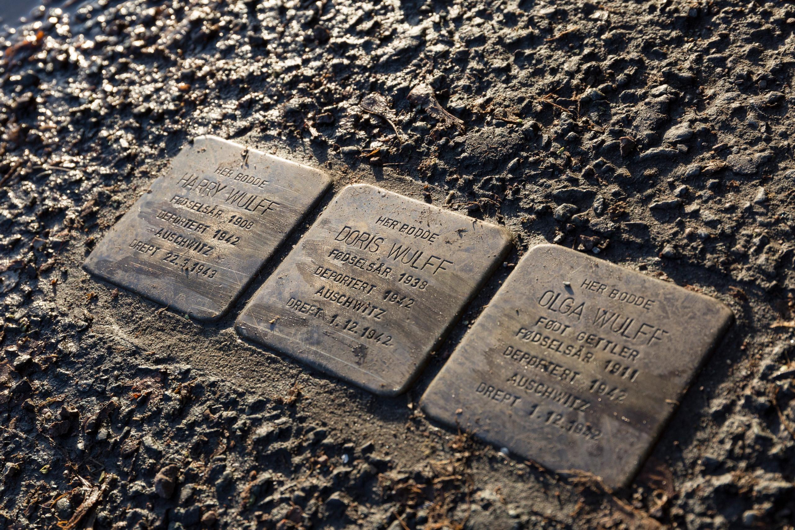 Three cubes of the Stolperstein (stumbling stone) project in the street: Doris, Harry and Olga Wulff who were deported to Auschwitz