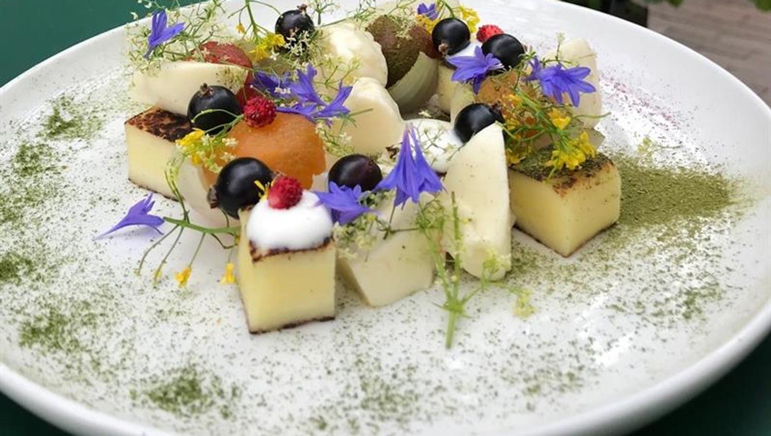 A delicate dessert plate served on a white dish, placed on a green table in a greenhouse surrounded by leafy plants and vines. The dish includes small