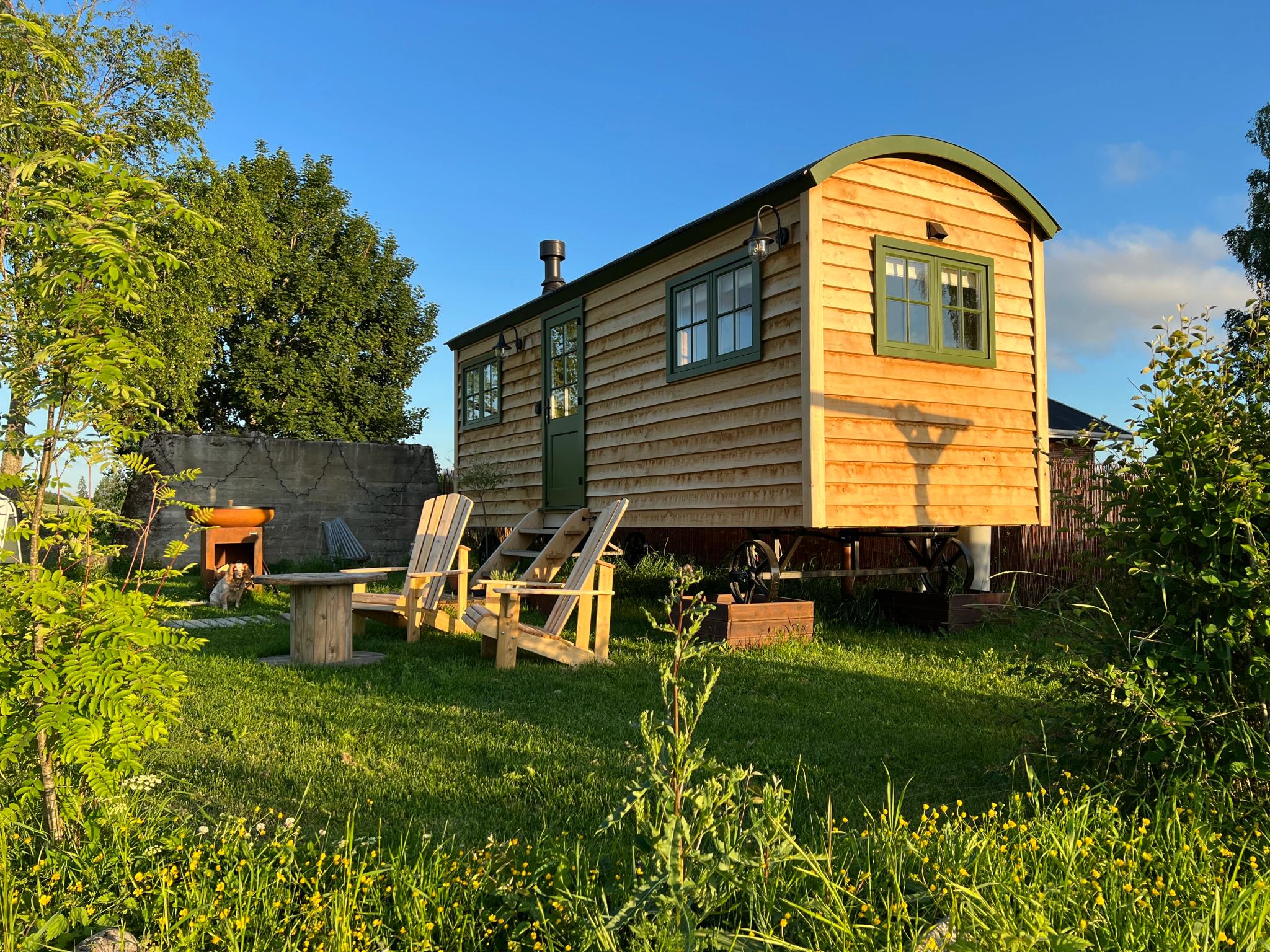 Shepherd's Hut summerday - small hut with green gras and wooden chairs in front