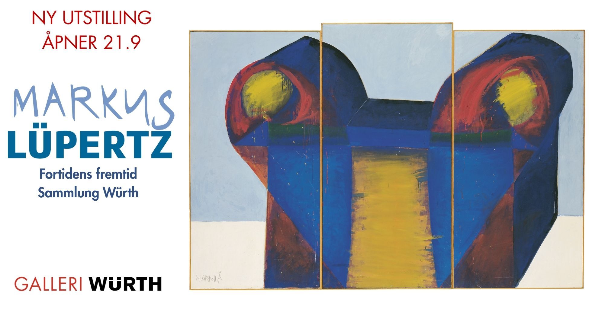 Poster with text and a painting in blue, red, and yellow