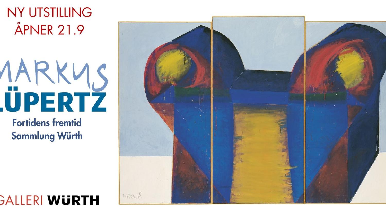 Poster with text and a painting in blue, red, and yellow