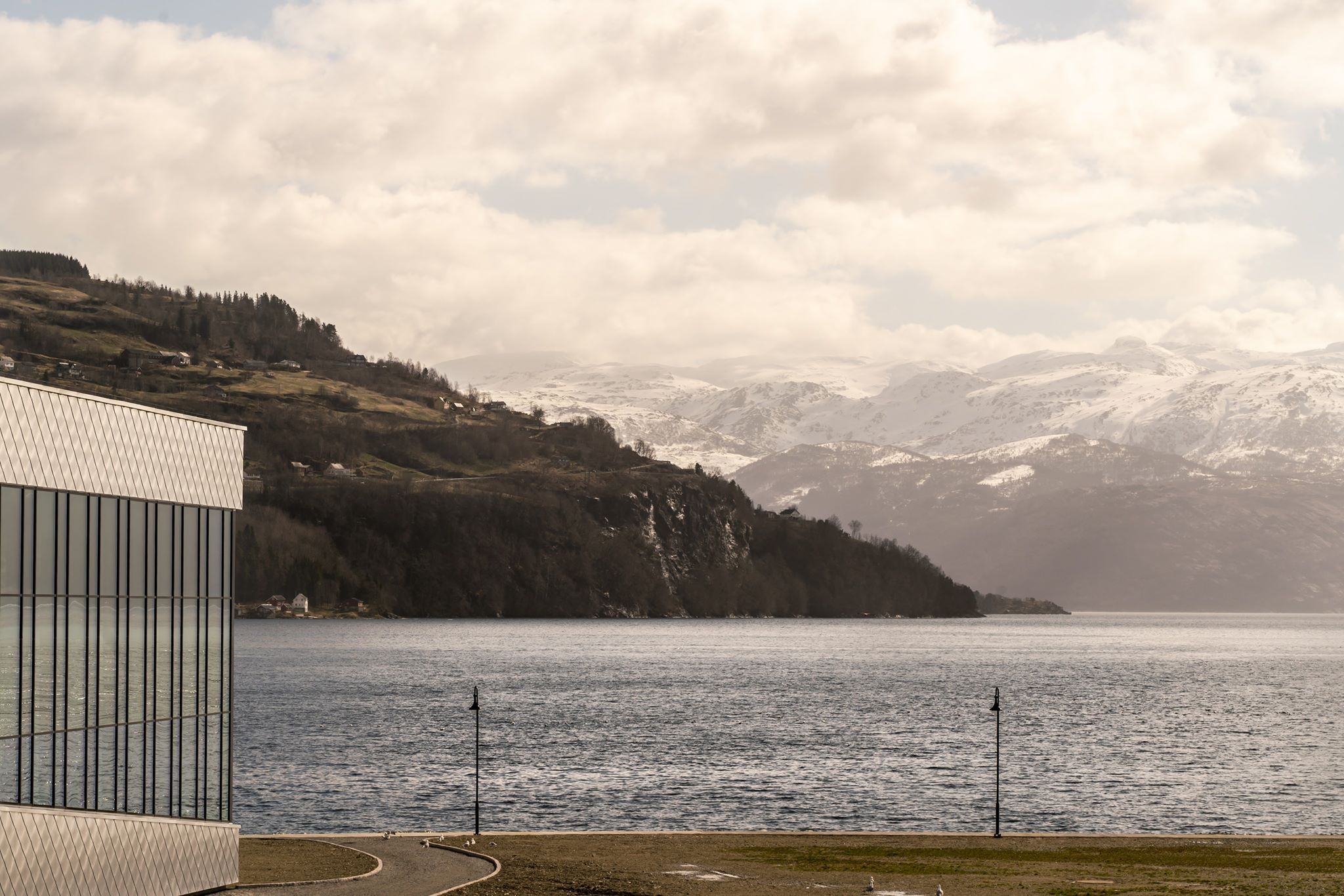 Stunning view of the Hardangerfjord and snow-capped mountains from the hotel grounds.
