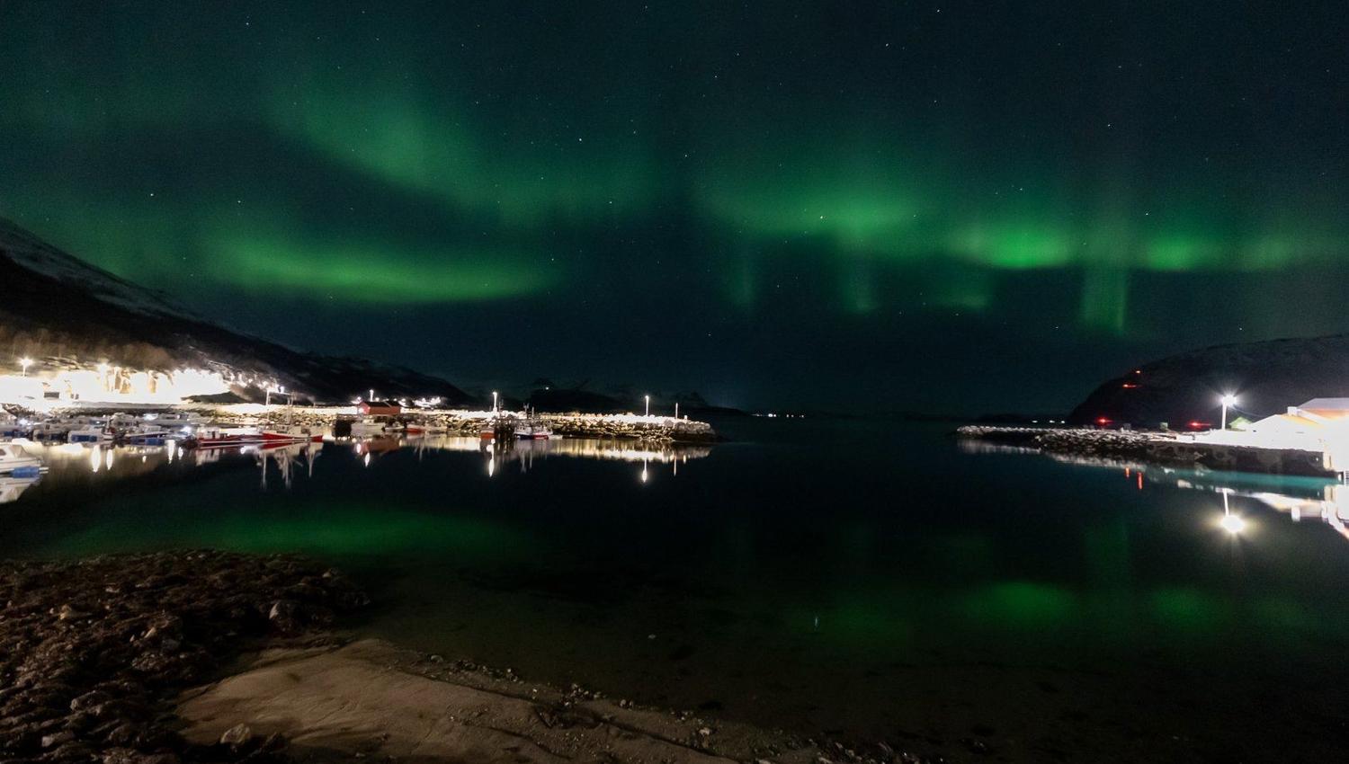 Nordlyset på himmelen over havna