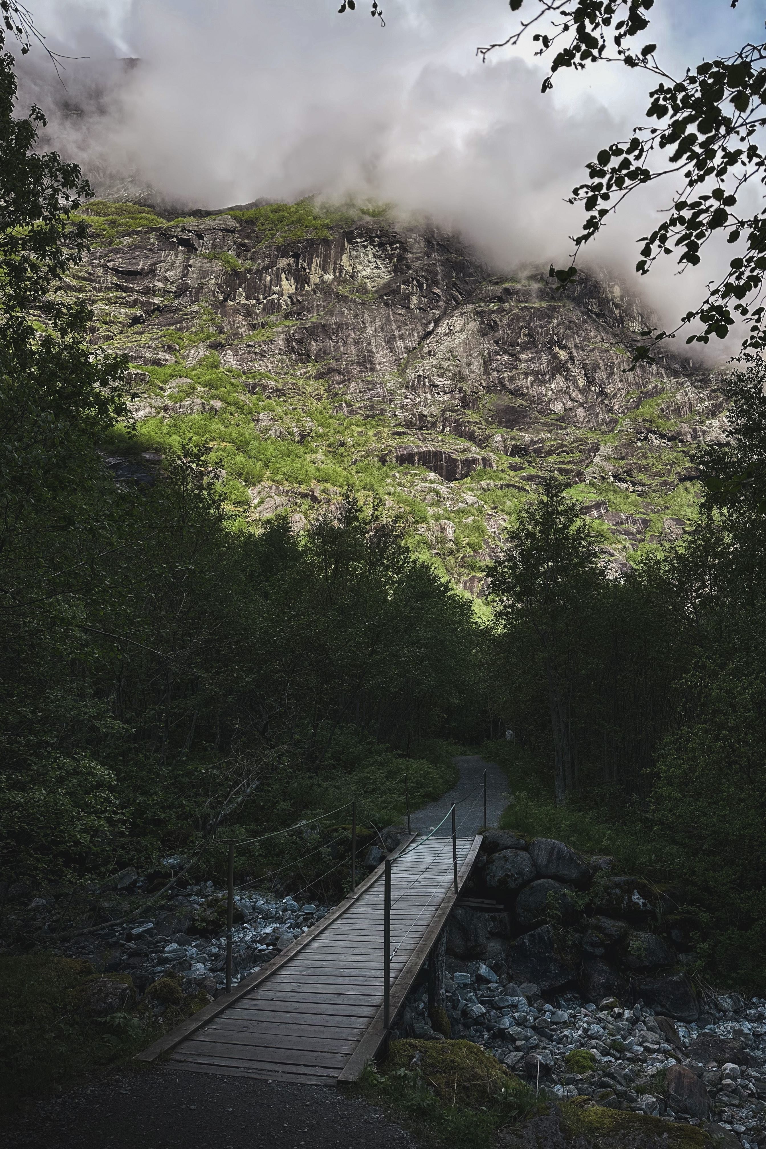 A narrow wooden footbridge crosses a rocky stream toward a forest path beneath a cloud-covered mountainside..