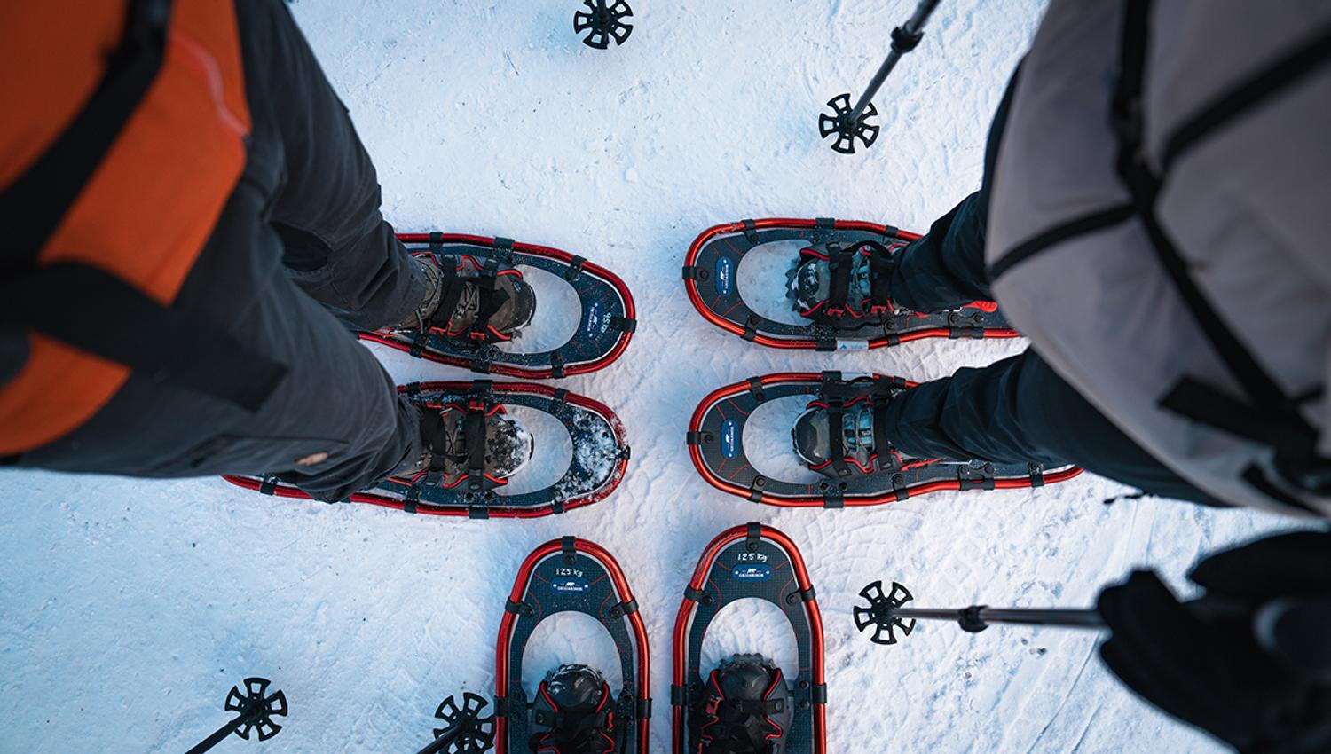 Close-up of snowshoes in the snow – ready for winter adventures.