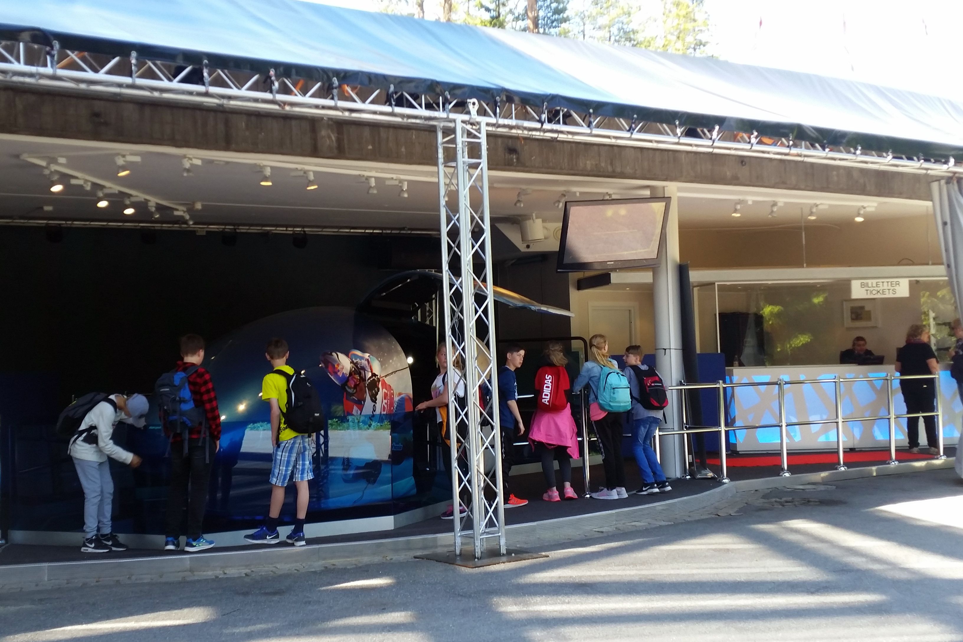 a crowd standing around the ski simulator