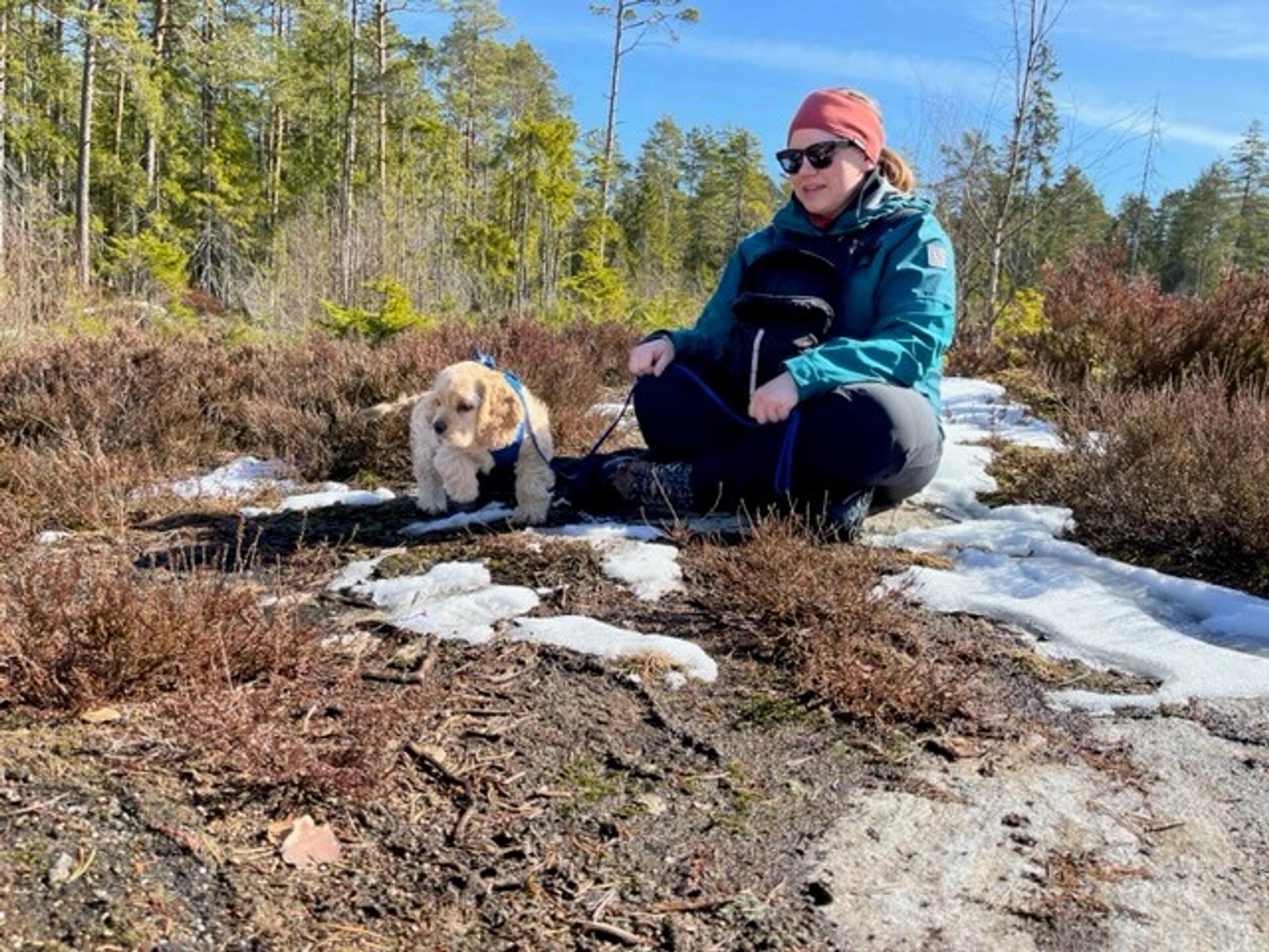 Woman with dog resting in the spring sun