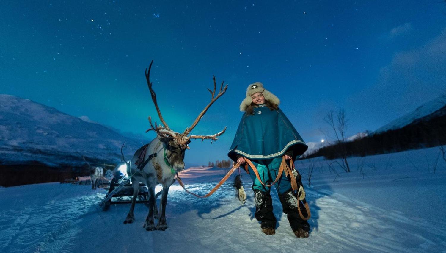 A guest holding a reindeer on a lead with the Northern Lights above