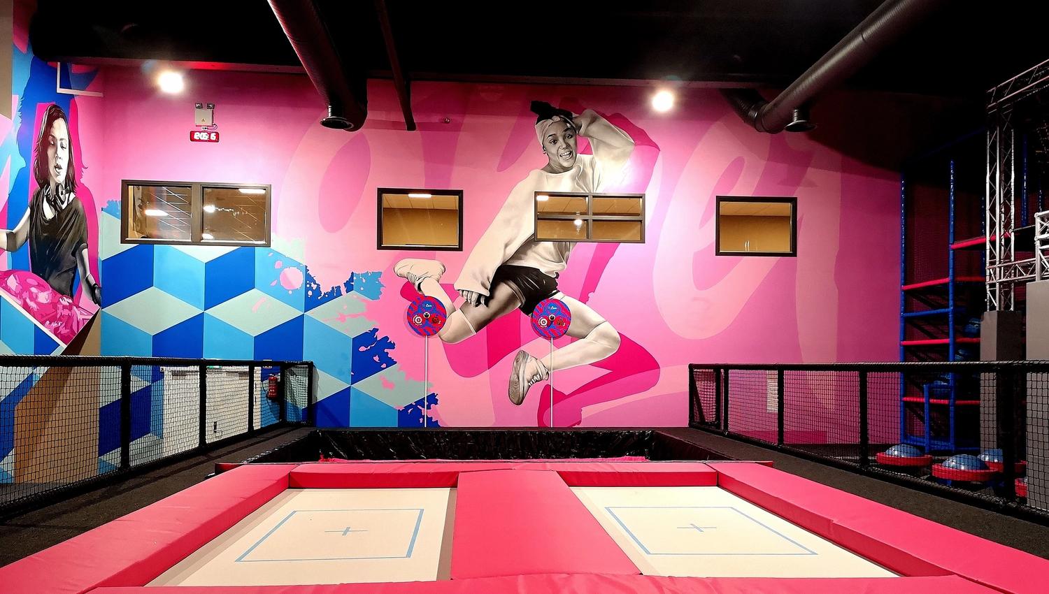 two trampolines in a trampoline barn