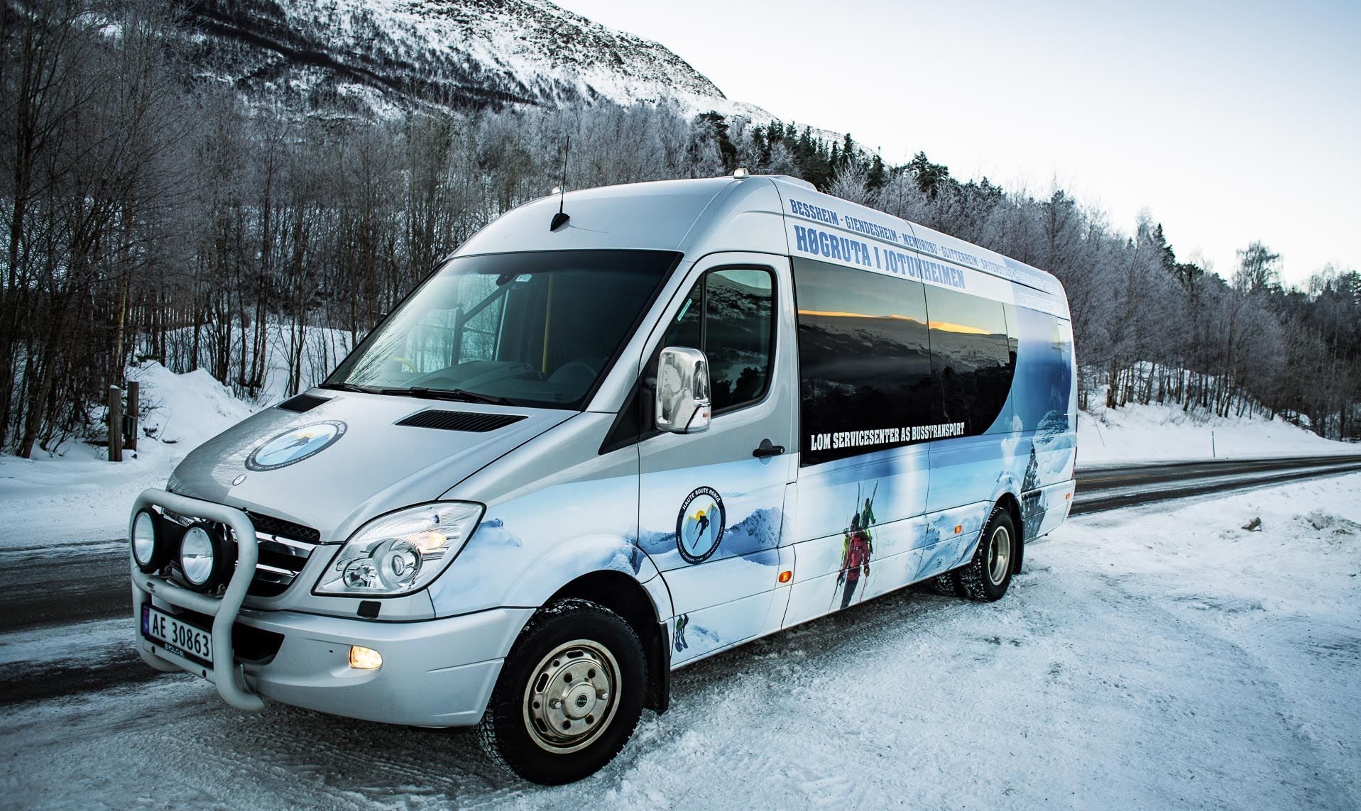 Silver passenger van parked on a snowy roadside, with winter trees and a snow-covered mountain in the background..