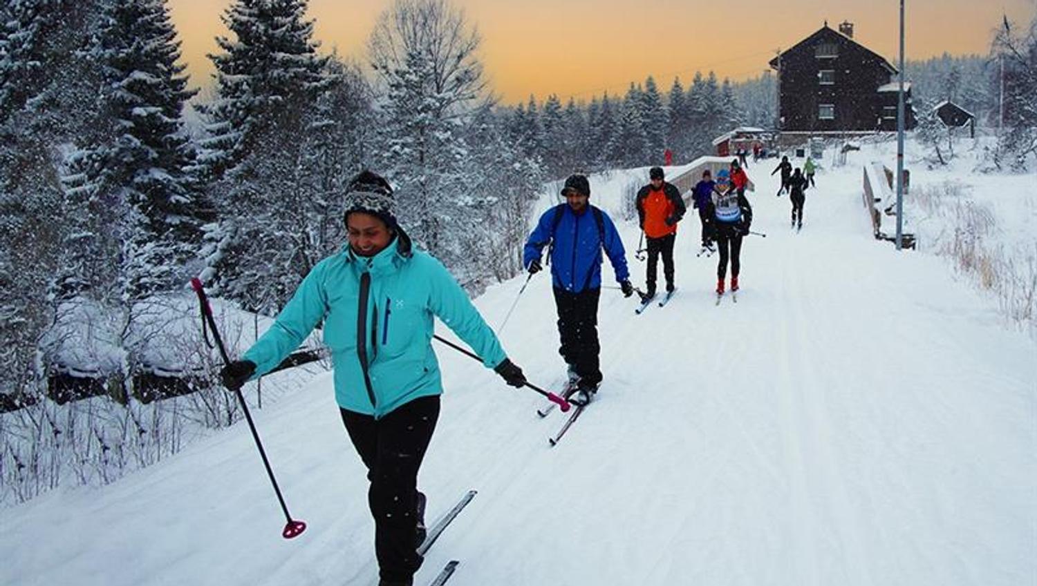 A group of cross-country skiers in a line on the ski trail